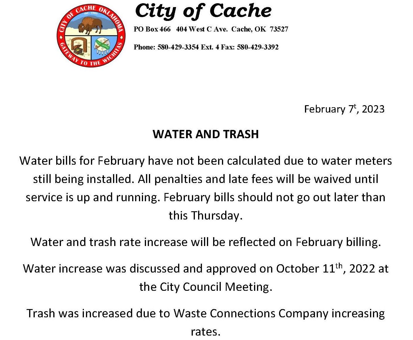 Water and Trash Increase City of Cache